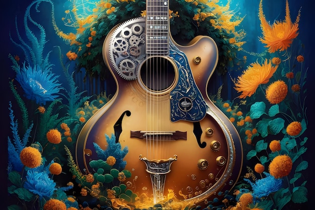 Guitar with blossoming flowers 3d rendering