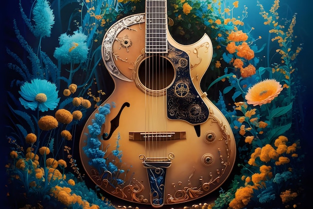 Guitar with blossoming flowers 3d rendering