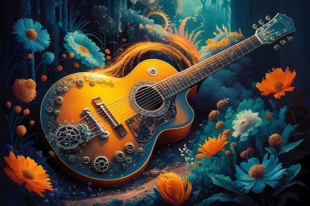 Guitar with blossoming flowers 3d rendering