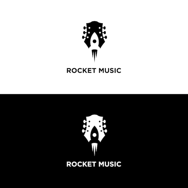 Guitar with rocket in negative space logo design inspiration