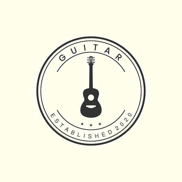 Guitar with vintage and badge style logo icon template design acoustic melodystringvector illustration