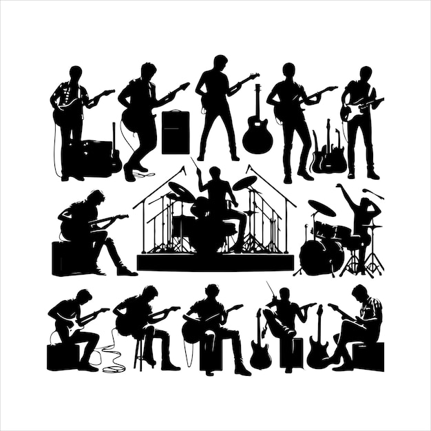 Guitarists musicians playing the guitarist concert vector silhouette in black color