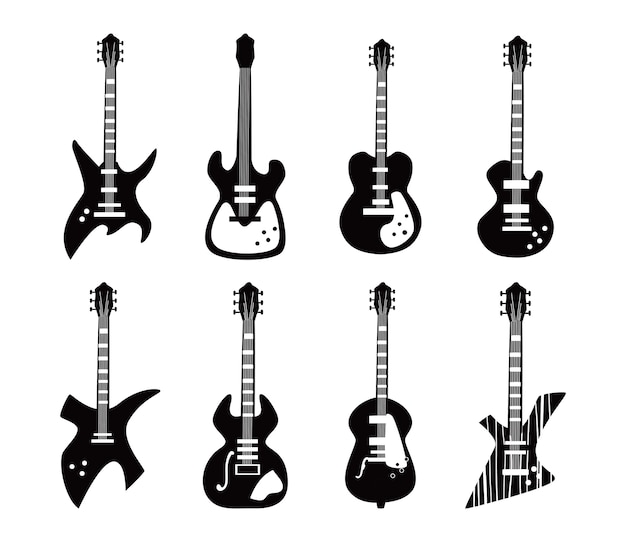 Guitars instruments black and white style set of icons design