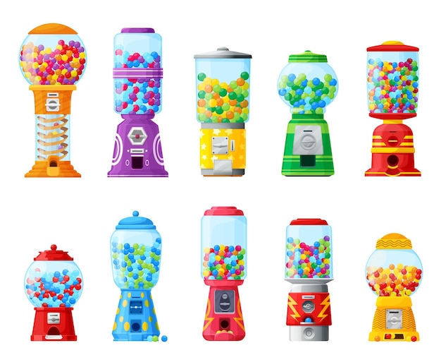 Gumball machine candy bubble gum or bubblegum balls vending machine cartoon vector Gumball machine with coin slot and chewing gums of kids sweets in gashapon glass capsule dispenser