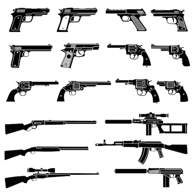 Gun and automatic weapon vector icons. Military combat firearms pictograms