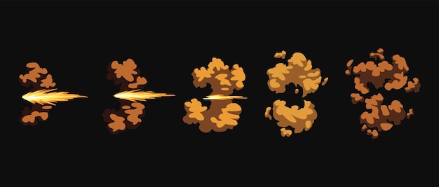 Gun flashes or gunshot animation. Cartoon flash effect of bullet start. Shotgun fire, muzzle flash and explode. Flashes with smoke and fire sparkles.