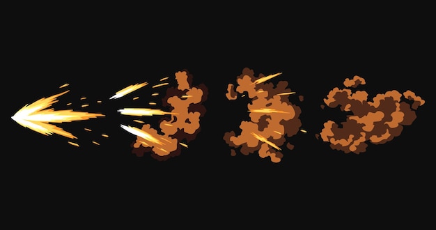 Vector gun flashes or gunshot animation cartoon flash effect of bullet starts with smoke and sparkles fire explosion effect during shot with gun shotgun fire muzzle flash and explode