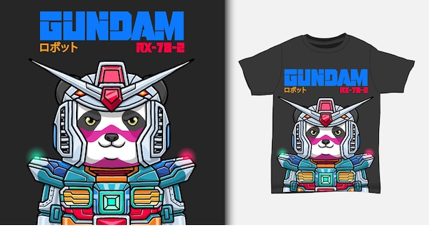 Gundam panda, robot cartoon illustration with t-shirt mock up.