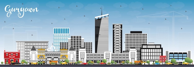 Gurgaon India City Skyline with Gray Buildings and Blue Sky. Vector Illustration. Business Travel and Tourism Concept with Modern Architecture. Gurgaon Cityscape with Landmarks.