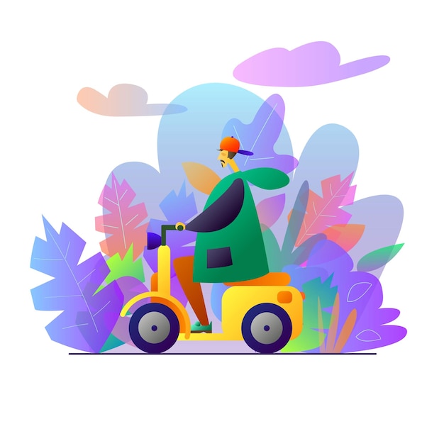 The guy on the background of the landscape is riding a motor scooter Vector graphics