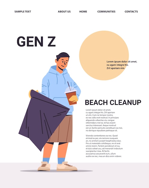 Guy collecting trash into bag beach cleanup generation Z lifestyle concept new demography trend with progressive youth gen