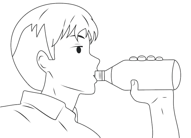 The guy drinks water from a bottle Vector black and white line illustration