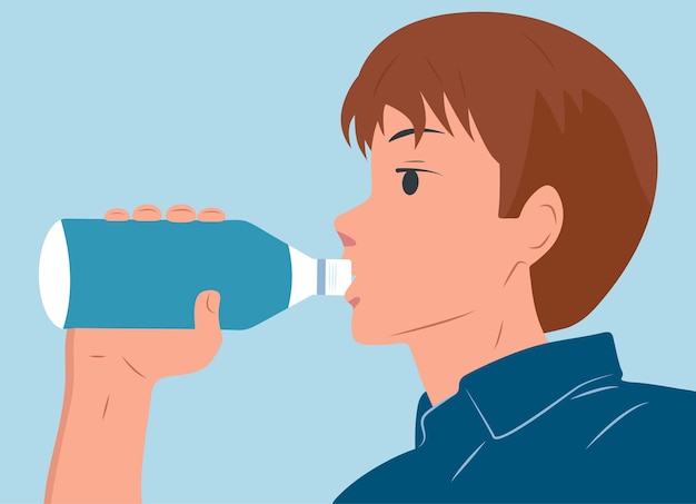 The guy drinks water from a bottle Vector flat illustration