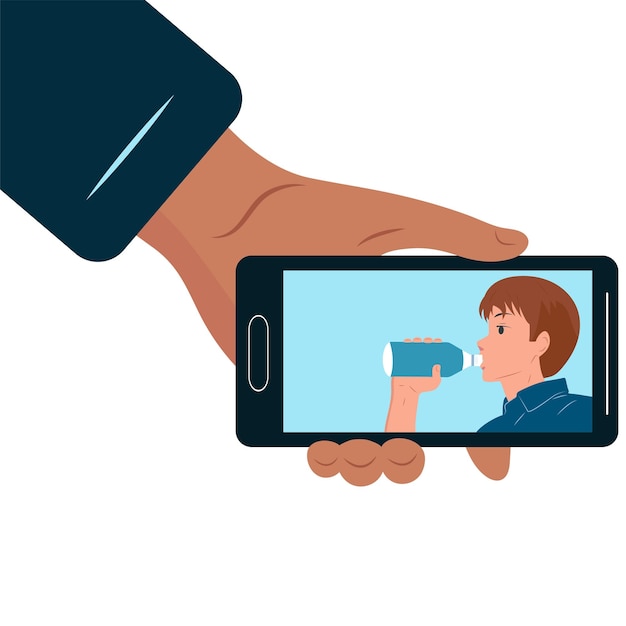 The guy drinks water The phone is in his hand Vector flat illustration