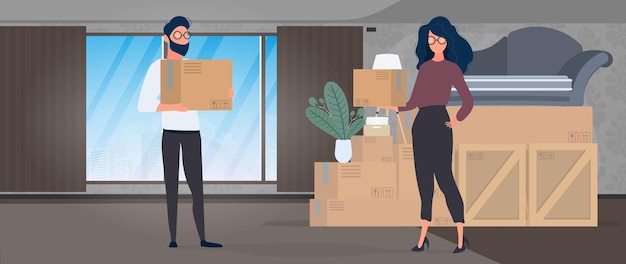 The guy and the girl are holding paper boxes in their hands. Large boxes, sofa. The concept of moving, changing housing, buying an apartment or moving an office. Vector.