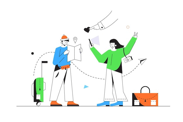 Vector the guy and the girl are tourists, the guy is looking for a route on the map, the girl takes pictures of herself on the phone, suitcase and bag isolated on a white background, flat  illustration