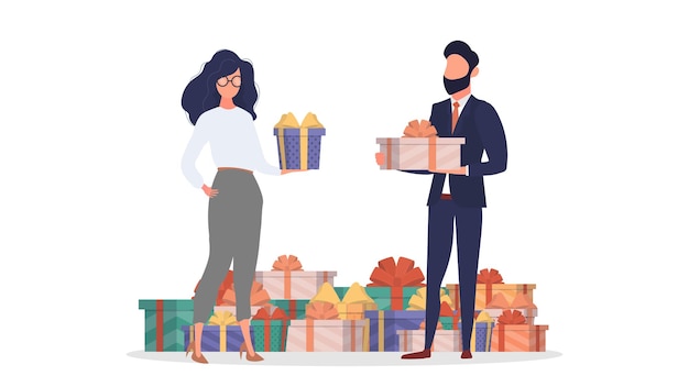 The guy and the girl give each other gifts. Holiday concept. Vector.