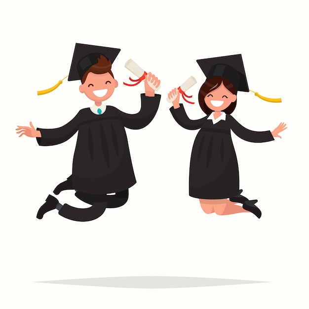 Guy and girl university graduates joyfully bounce illustration