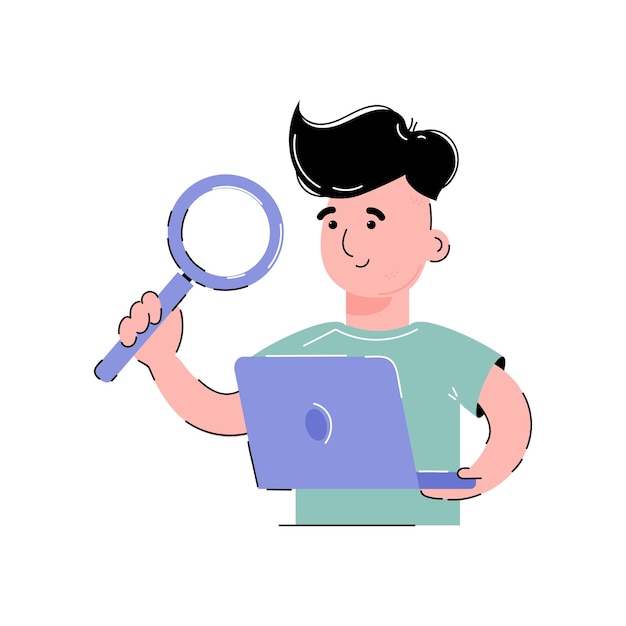 Vector the guy holds a magnifying glass and a laptop in his hands information search concept isolated on white background trendy flat vector style