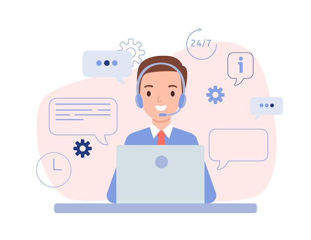 The guy is an operator with headphones and a laptop. Technical support for customers 24-7, phone hotline for business. Vector illustration in flat style.