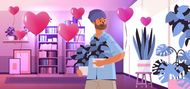 Vector guy in love holding potted plants happy valentines day celebration concept living room interior with pink air balloons in heart shape