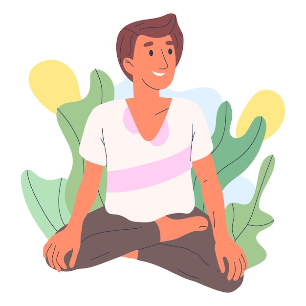 Guy meditating in lotus pose Relaxing calm mindful yoga meditation man breath and balance training flat vector illustration on white background