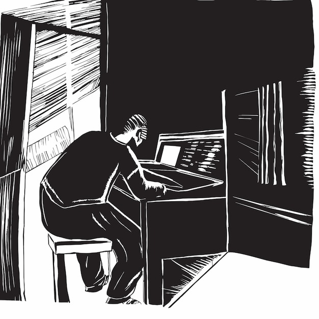 Vector guy playing piano at home vector illustration doodle line art