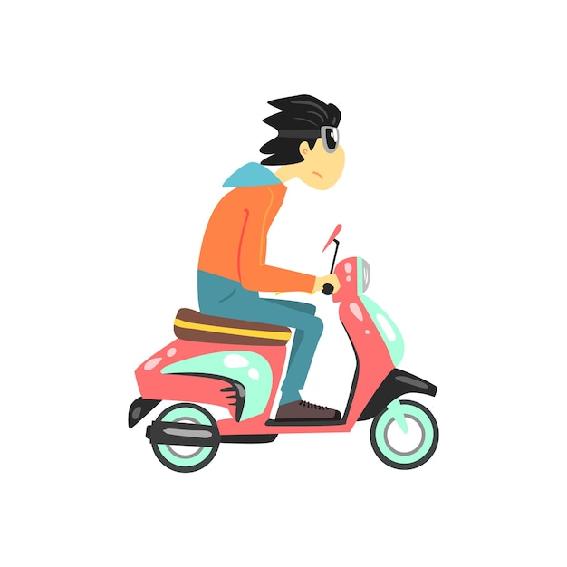 Guy Riding The Scooter Flat Isolated Vector Simple Drawing On White Background In Cartoon Style