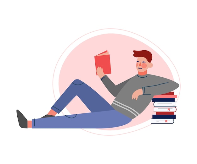 Vector guy sitting on the floor and reading a book male college or university student young man enjoying of reading literature vector illustration