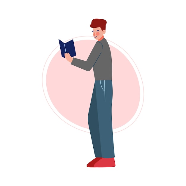 Guy Standing and Reading a Book Male College or University Student Young Man Spending Spare Time by Reading Literature Vector Illustration