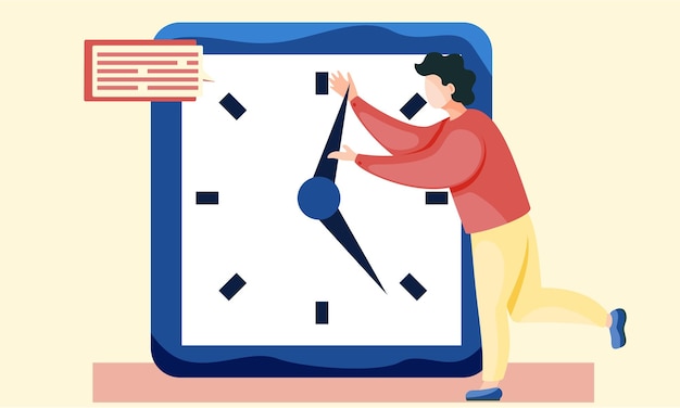 Vector the guy stopping time to make it clock with an inscription beside competition with time