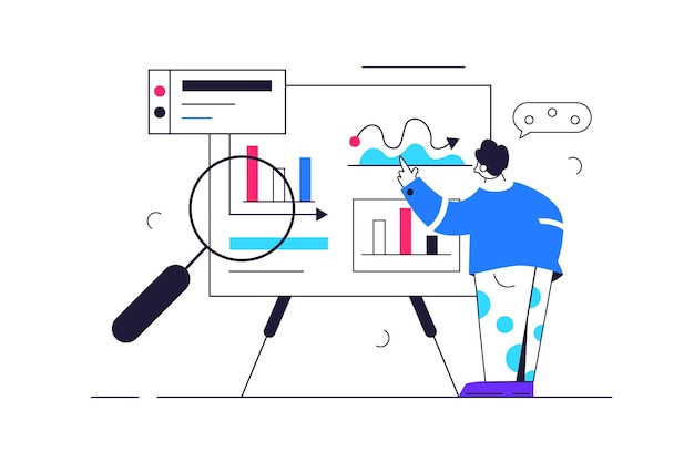 Guy studying data on a big board with graphs and data, large magnifier