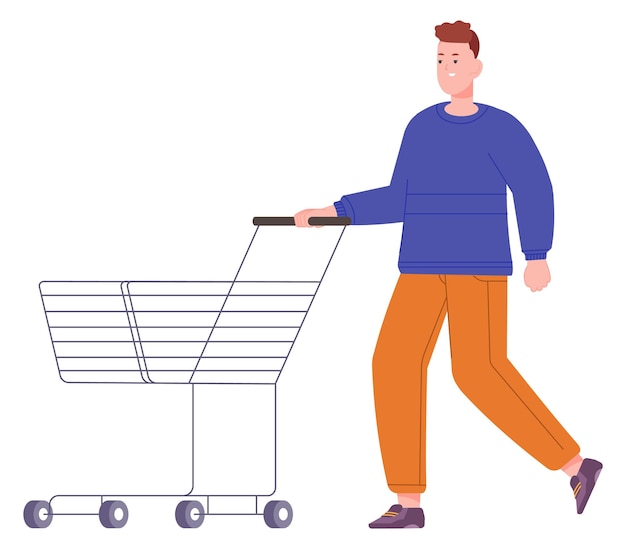 Vector guy with empty supermarket trolley cart shopping person