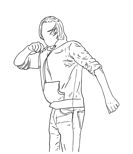 A guy with long hair in a jacket and pants dancing doodle linear cartoon coloring