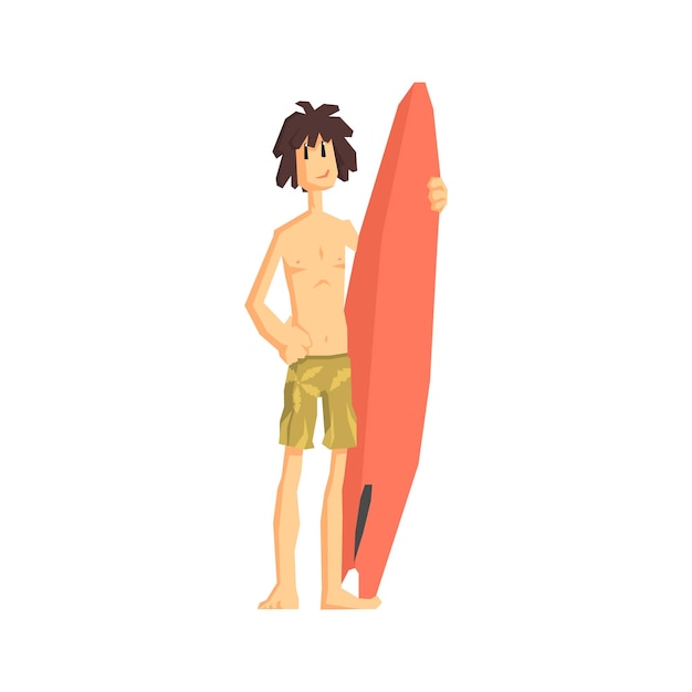 Guy With The Surf Board Flat Vector Simplified Childish Cartoon Style Illustration Isolated On White Background