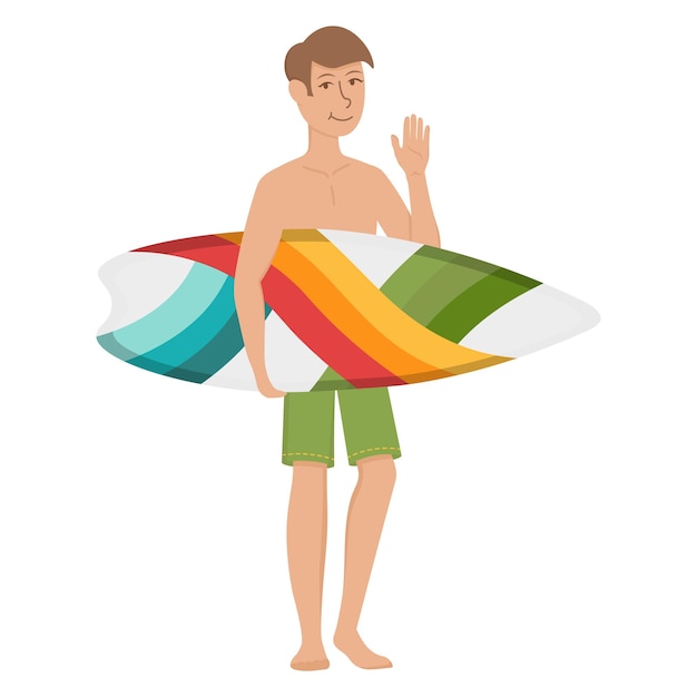 A guy with a surfboard in his hands. Flat doodle clipart. All objects are repainted.