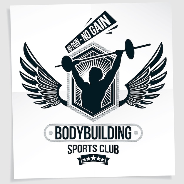 Gym advertising leaflet created with vector illustration of muscular bodybuilder holding barbell sport equipment. No pain, no gain quote.