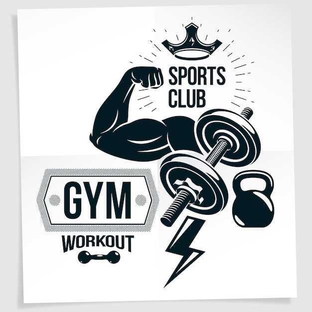 Gym advertising poster. Vector composition created using athletic sportsman biceps arm with disc weight dumbbell and kettle bell sport equipment.