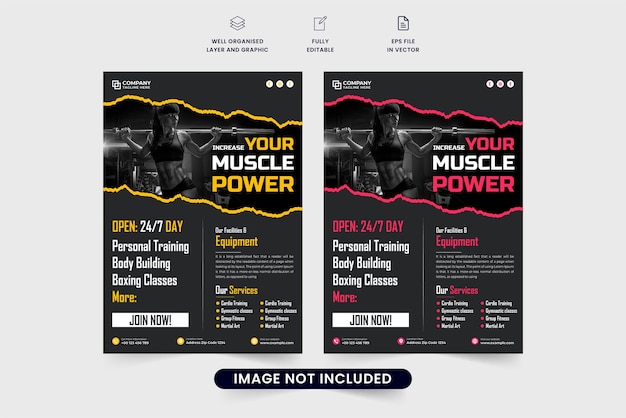 Gym business flyer template with yellow and red colors on dark backgrounds Fitness gym flyer vector with photo placeholders Modern gym poster and flyer layout design for marketing