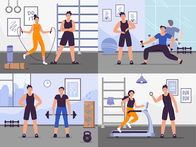 Gym coach. Vector illustration set people training.