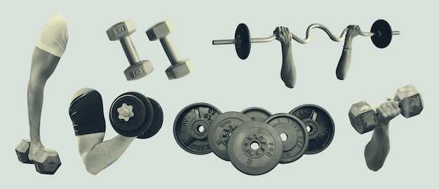 Vector gym equipment and activities design elements vintage collage collection vector illustration