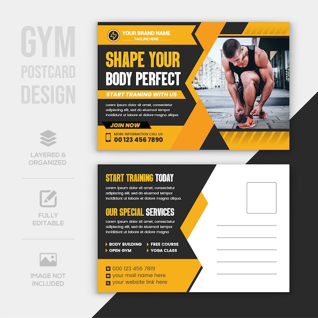 Gym and fitness center promotional postcard template Premium Vector