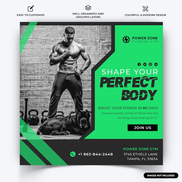 Gym and Fitness Instagram post web banner template vector Premium Vector