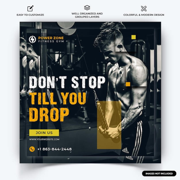 Gym and Fitness Instagram post web banner template vector Premium Vector