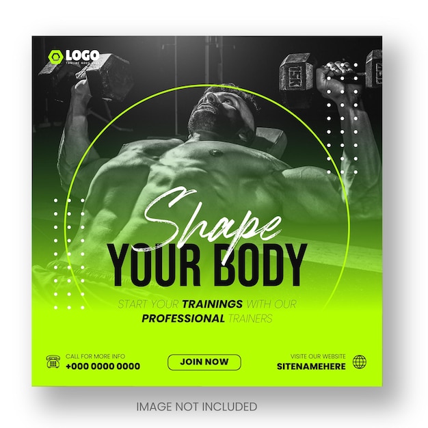 gym and fitness social media post design pack with green and black color unique shapes