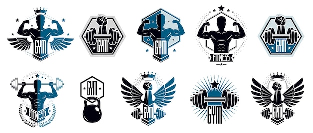 Gym fitness sport emblems and logos vector set isolated with barbells dumbbells kettlebells and muscle body man silhouettes and hands, athletics workout sport club, active lifestyle.