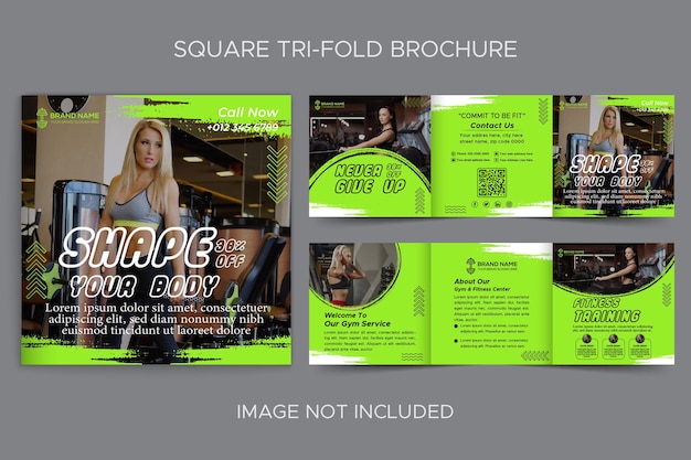 Vector gym and fitness square trifold brochure vector template design