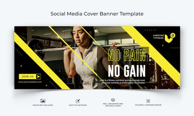 Vector gym and fitness studio social media facebook cover banner template premium vector