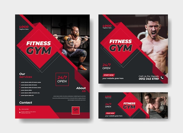 Gym flyer design template. Flyer, social media post and facebook cover design for fitness center.