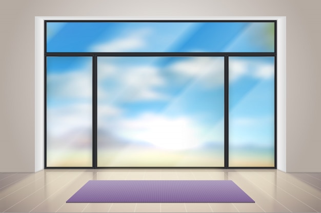 Gym glass. Realistic room with big glass window. Empty fitness gym interior with exercise carpet and wooden floor illustration